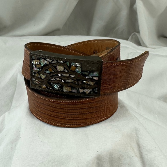 Vintage sterling 925 abalone belt buckle marlin Tony Lama lizard Mexico size 38 - Picture 7 of 15